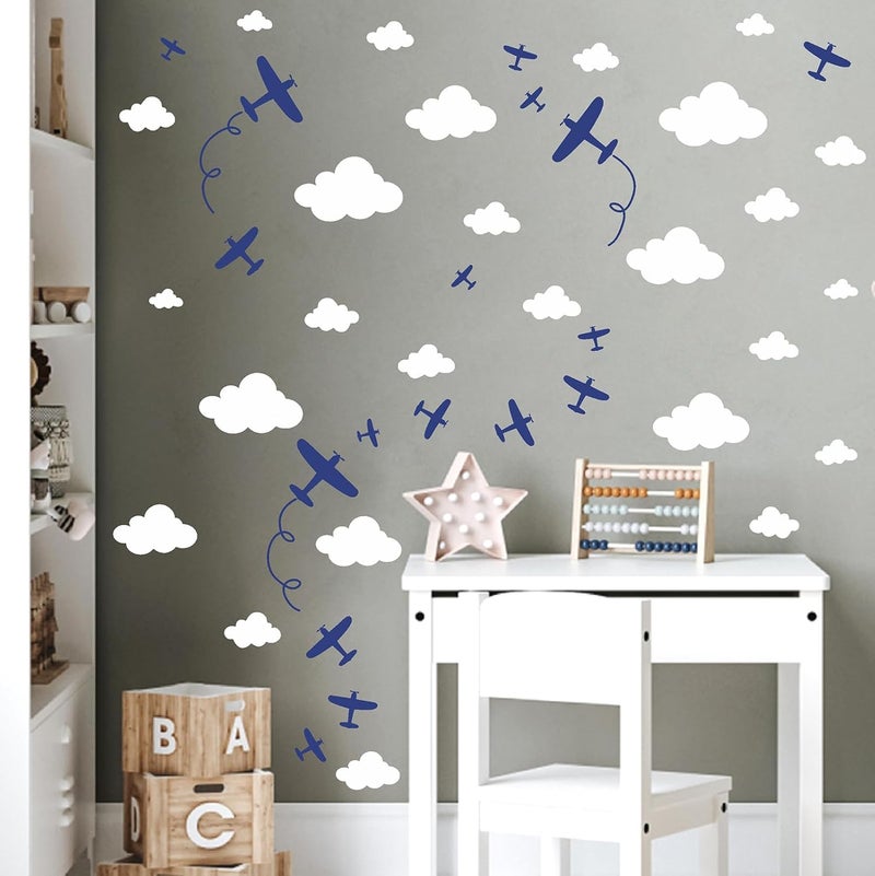 Barri Design Airplane Wall Stickers Aircraft Plane Wall Decals Peel and Stick White Cloud Wall Decals Removable Vinyl Clouds Wall Stickers Vehicle Decal for Boys Room Nursery Kids Bedroom Decor - Image 4