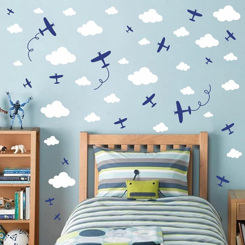 Barri Design Airplane Wall Stickers Aircraft Plane Wall Decals Peel and Stick White Cloud Wall Decals Removable Vinyl Clouds Wall Stickers Vehicle Decal for Boys Room Nursery Kids Bedroom Decor - Image 1