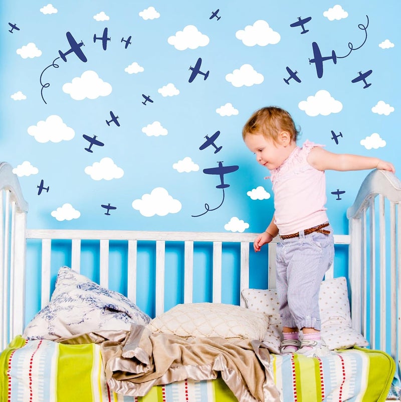 Barri Design Airplane Wall Stickers Aircraft Plane Wall Decals Peel and Stick White Cloud Wall Decals Removable Vinyl Clouds Wall Stickers Vehicle Decal for Boys Room Nursery Kids Bedroom Decor - Image 3