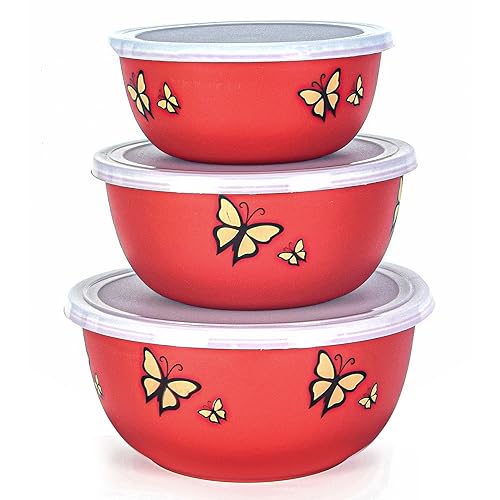 Zaib Stainless Steel Microwave Safe Euro Mixing Bowl Set with Lid | Pack of 3 (14cm,16cm,18cm) | 500ml, 750ml, 1250ml | Snap-Fit White Lid (Red Butterfly 3) - Image 1