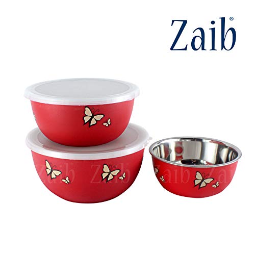 Zaib Stainless Steel Microwave Safe Euro Mixing Bowl Set with Lid | Pack of 3 (14cm,16cm,18cm) | 500ml, 750ml, 1250ml | Snap-Fit White Lid (Red Butterfly 3) - Image 2