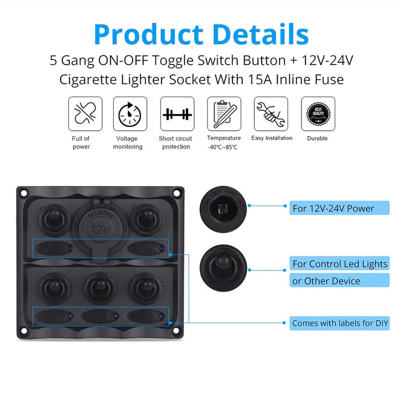 Wivplex Waterproof 5 Gang Rocker Switch Panel - Image 5