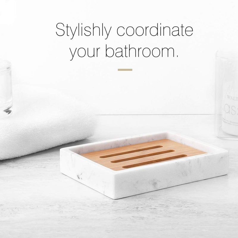 Luxspire Soap Dish Tray, Bathroom Soap Dish, Bamboo Soap Bar Holder for Shower Kitchen Sink, Double Layer Draining Soap Container Box, Wood Soap Case, Bathroom Marble Soap Tray - Image 5