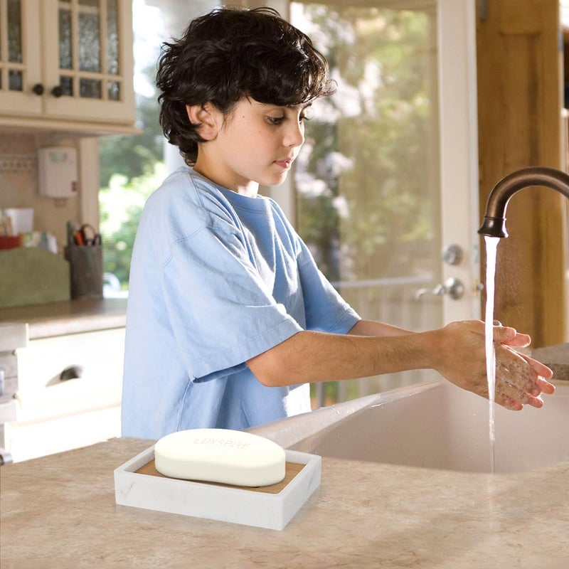 Luxspire Soap Dish Tray, Bathroom Soap Dish, Bamboo Soap Bar Holder for Shower Kitchen Sink, Double Layer Draining Soap Container Box, Wood Soap Case, Bathroom Marble Soap Tray - Image 4