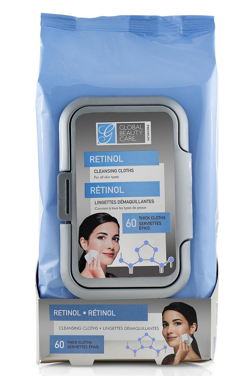 Global Beauty Care Retinol Cleansing Facial Towelettes Makeup Remover Wipes Nourishing Face  Eye Hypoallergenic ParabenFree NonComedogenic Hydrates  Smooths Skin 60 Count 1 Pack