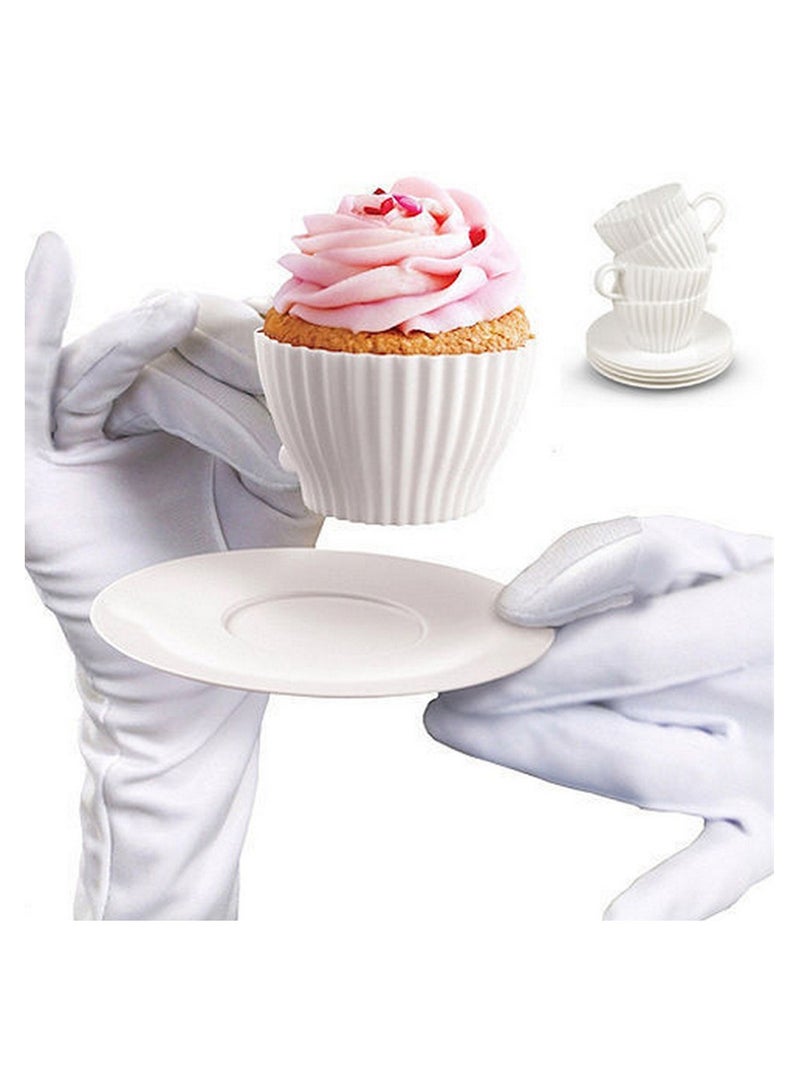 Luckam Silicone Muffin Cups for Baking Cupcake Liners Reusable Chocolate 8 Teacups with 8 Saucers White - Image 4