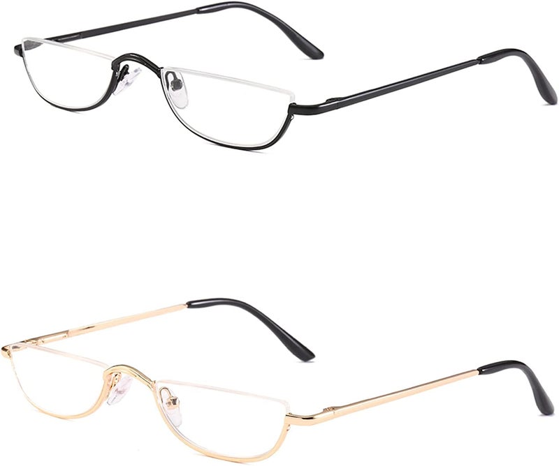 REAVEE 2 Pack Retro Designer Half Moon Reading Glasses Women Men Spring Hinge Half Frame Readers Stylish Slim Eyeglasses with PouchGold and Gun Grey 15