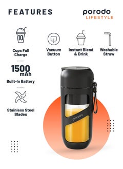 Vacuum Fresh Portable Juicer & Smoothie Blender 380ml Capacity, 1500mAh Built-in Battery, 18000 RPM Motor Speed, 3 Hours Charging Time, 10 Cups Full Charge Porodo LifeStyle - Black - pzsku/Z0987FD931542CF33271BZ/45/_/1734078685/8635f437-7298-4c8e-9e67-23be8390e433