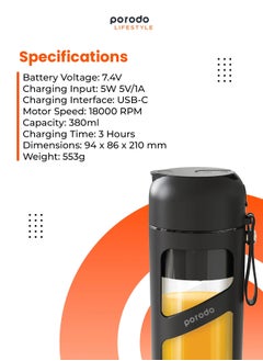 Vacuum Fresh Portable Juicer & Smoothie Blender 380ml Capacity, 1500mAh Built-in Battery, 18000 RPM Motor Speed, 3 Hours Charging Time, 10 Cups Full Charge Porodo LifeStyle - Black - pzsku/Z0987FD931542CF33271BZ/45/_/1734078698/4b3fc0d3-6d27-4a88-a5c6-dc75bd023ab0