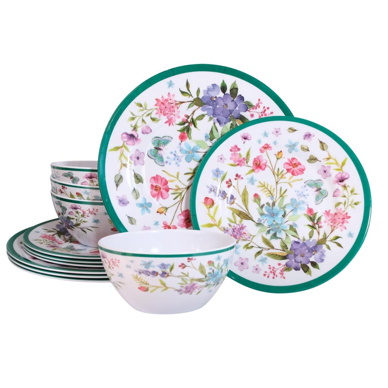 Zayton Melamine Dinnerware Set 12-Piece for 4 Dish Set Plates Bowls Unbreakable Dishware for Indoor Outdoor Use Lightweight Durable for Camping Picnics Parties Green - Image 1