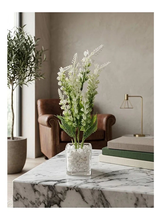co arma Artificial lavender plant in a glass pot with white pebbles, 20 cm - Image 2