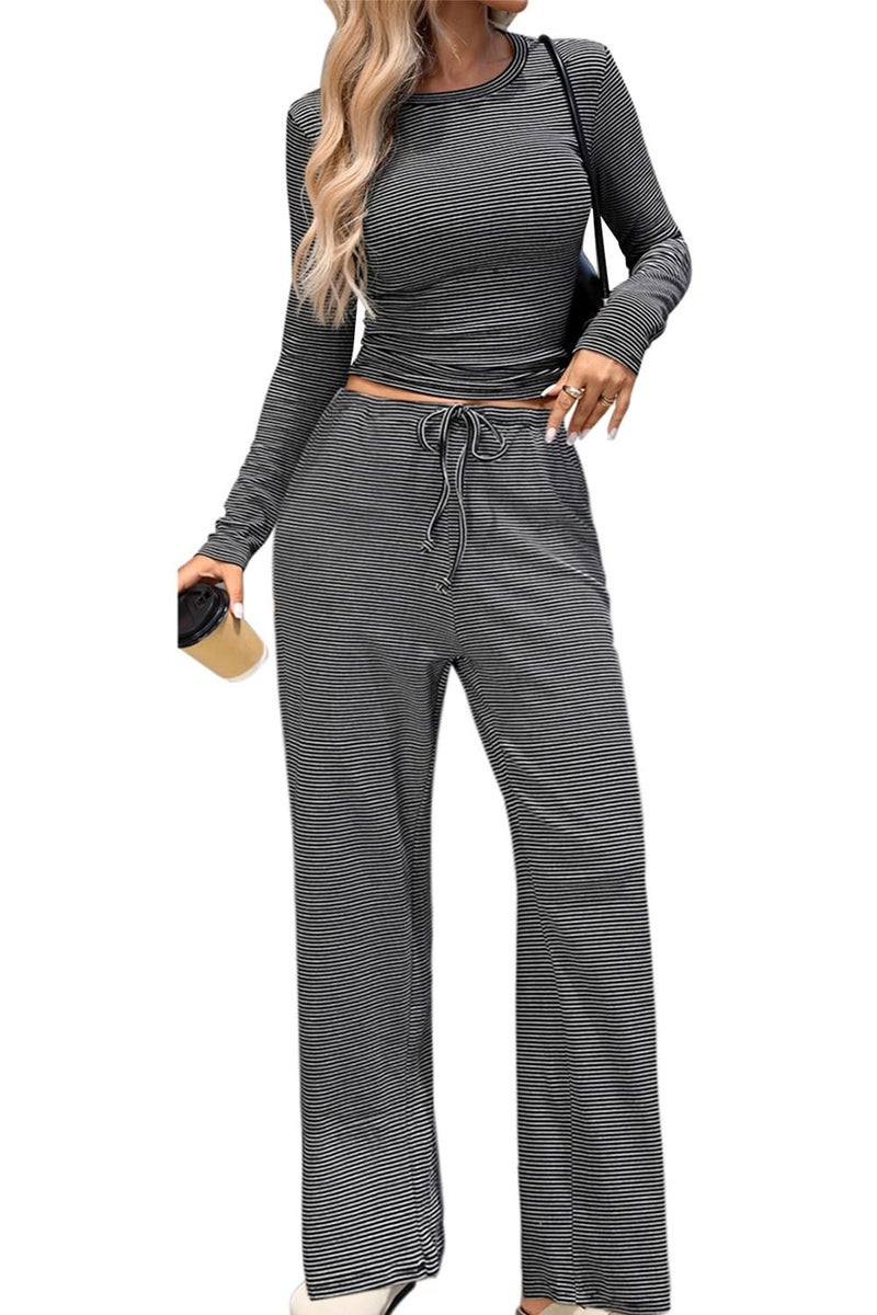 CHYRII 2 Piece Sets for Women Fall Long Sleeve Pullover Tops Track Pants Striped Outfits Lounge Sets Black S - Image 2