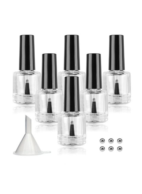 Empty Nail Polish Bottles with Brush Cap, 10ml Empty Glass Refillable Nail Polish Bottles with Mixing Agitator Balls & Funnels, Pack of 6