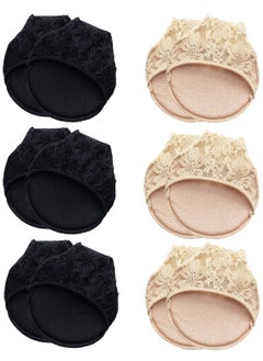 6 Pairs of Women's Half Toe Socks - Lace Toe Topper No Show Liner Seamless Design with Padded Forefoot and Non-Slip Grip, Available in Black and Nude, One Size Fits All.
