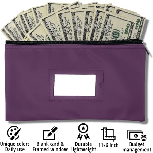 GIDABRAND Money Bank Deposit Bag with Zipper 11x6 inch Purple Durable Leatherette Money Cash Coin Check Wallet Pouch for Men Women with Framed ID Window and Blank Card 10 - Image 3