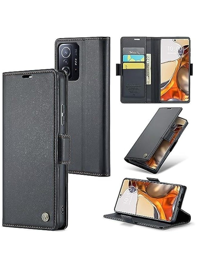 RFID Blocking Case for Xiaomi 11T\/11T Pro - Leather Flip Case with Card Holder - Shockproof and Durable - Magnetic Closure - Kickstand - Black - Image 1