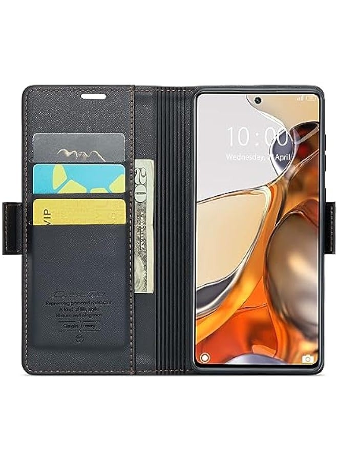 RFID Blocking Case for Xiaomi 11T\/11T Pro - Leather Flip Case with Card Holder - Shockproof and Durable - Magnetic Closure - Kickstand - Black - Image 2