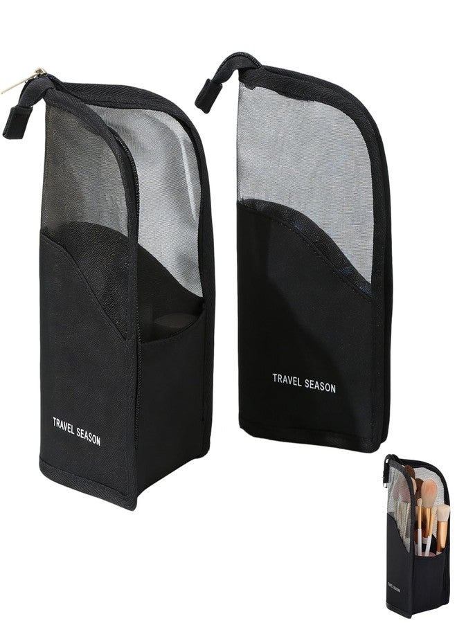 FFZDENA 2 Pcs Makeup Brush Pouch, Premium Nylon Travel Makeup Brush Holder, Compact Makeup Brush Organiser for Professional Artists, Travel Makeup Brush Bag (Black) - Image 1