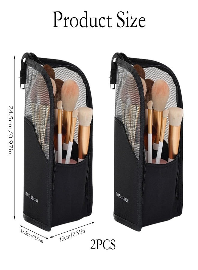 FFZDENA 2 Pcs Makeup Brush Pouch, Premium Nylon Travel Makeup Brush Holder, Compact Makeup Brush Organiser for Professional Artists, Travel Makeup Brush Bag (Black) - Image 2