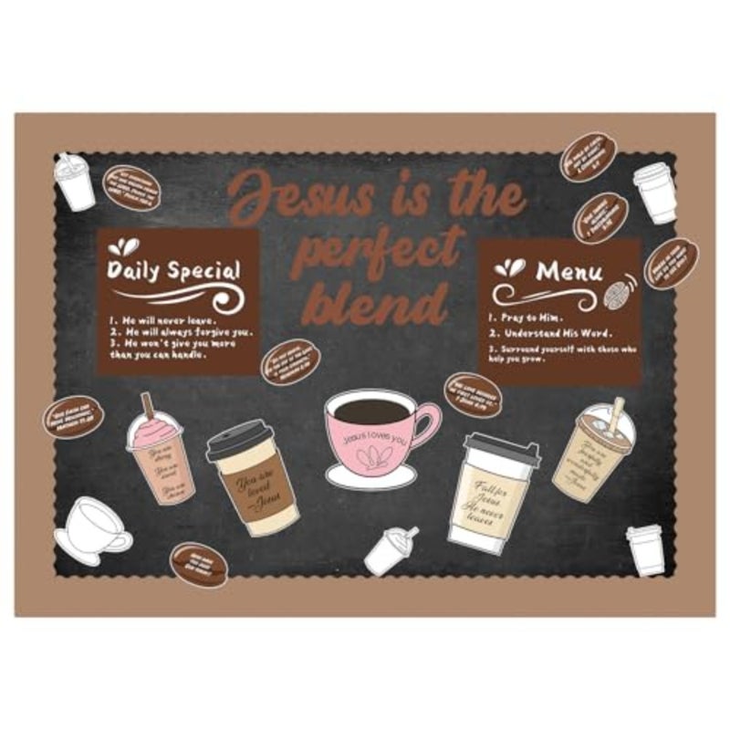 41 Pcs Jesus Coffee Themed Bulletin Board Set Christian Cafe Bulletin Board Decoration Christian Coffee Cup Cutouts with Bible Verses for Home Classroom Chalkboard Wall Door Decor - Image 1