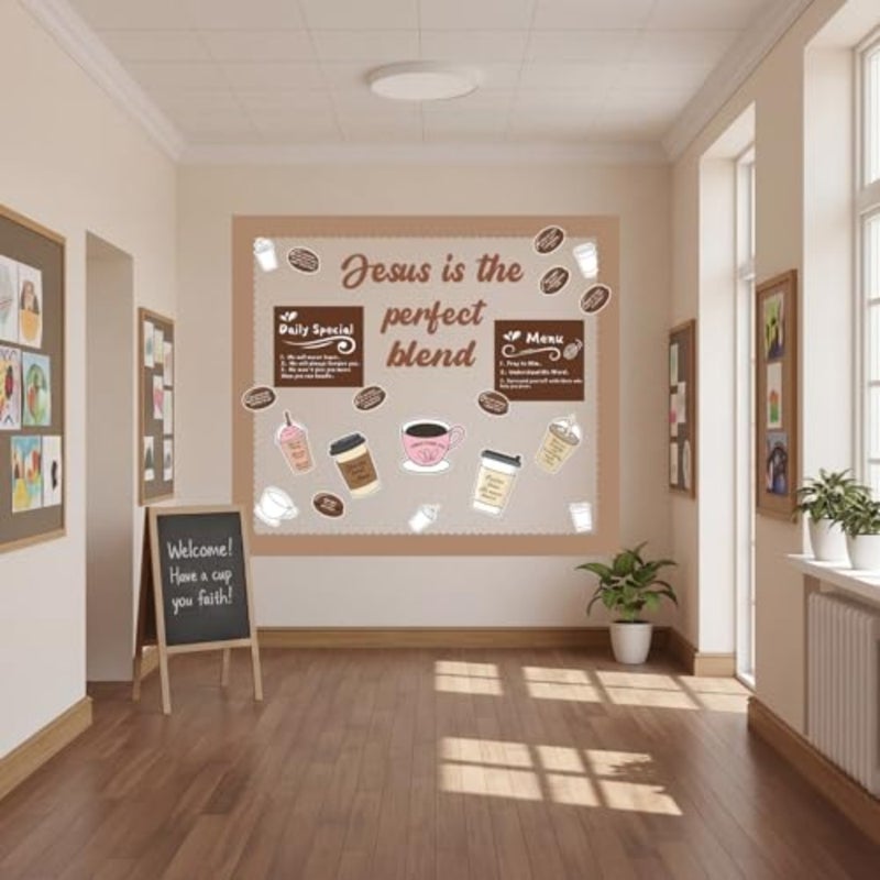 41 Pcs Jesus Coffee Themed Bulletin Board Set Christian Cafe Bulletin Board Decoration Christian Coffee Cup Cutouts with Bible Verses for Home Classroom Chalkboard Wall Door Decor - Image 4