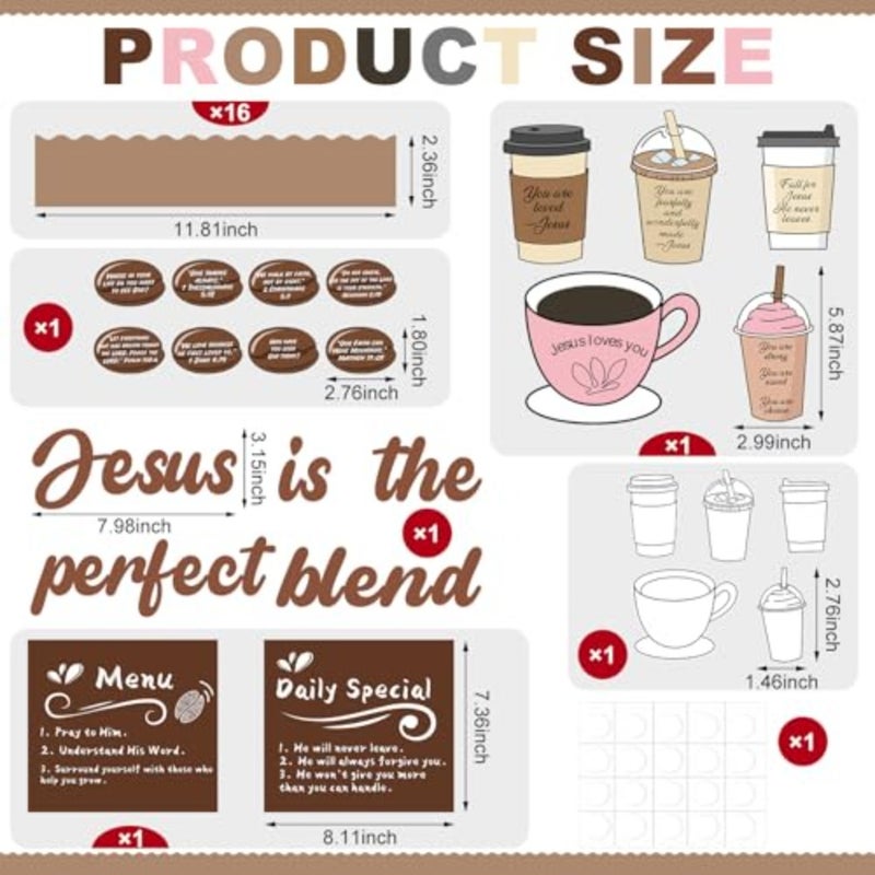 41 Pcs Jesus Coffee Themed Bulletin Board Set Christian Cafe Bulletin Board Decoration Christian Coffee Cup Cutouts with Bible Verses for Home Classroom Chalkboard Wall Door Decor - Image 2