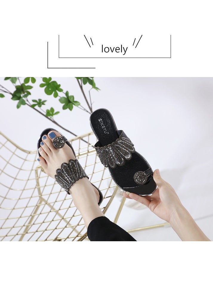 SIKETU Fashion Women Flat Bottom Rhinestone Comfortable Beach Sandals Slippers Black  - Image 3