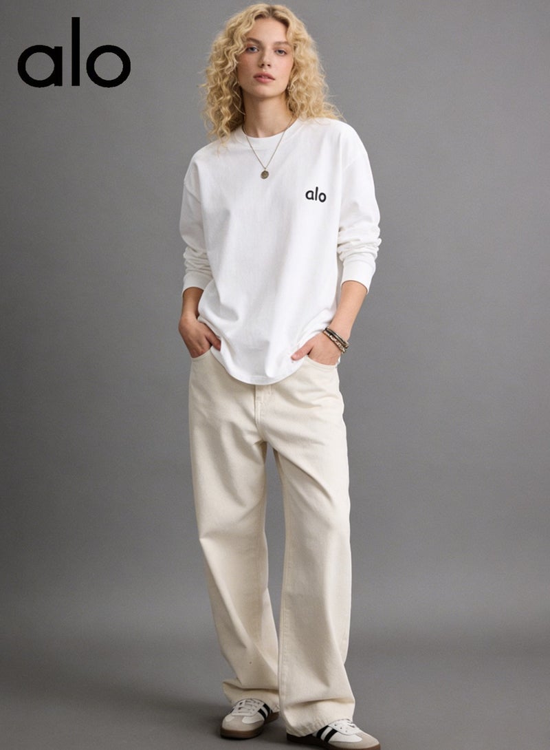 Alo World loose casual long sleeved round neck T-shirt - a couple's shirt suitable for both men and women, 100% pure cotton 250G sports shirt with logo, casual and fashionable Chinese street wear - Image 1