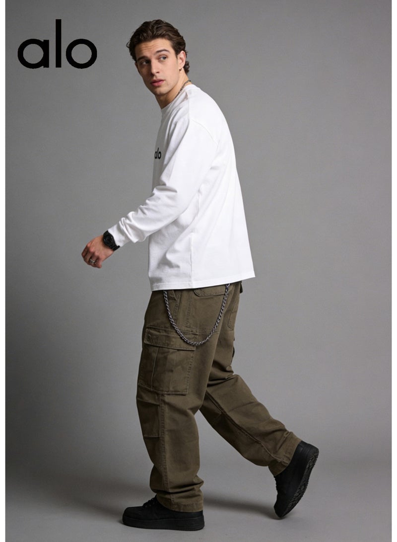 Alo World loose casual long sleeved round neck T-shirt - a couple's shirt suitable for both men and women, 100% pure cotton 250G sports shirt with logo, casual and fashionable Chinese street wear - Image 5
