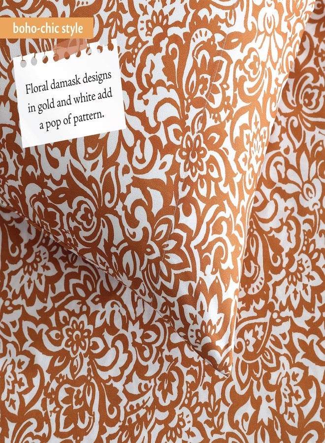 Indigo Ink طقم ملاءات إنديجو إنك - مقاس كينج، 4 قطع، بنمط دمشقي زهري بوهيمي، ناعم ومقاوم للتجاعيد (مجموعة ميدالية معقودة، ذهبي) - Image 3