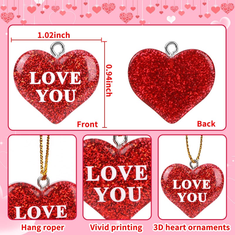 DTOFOOT 48PCS Mini Resin Conversation Hearts Ornaments Tiny Valentines Hanging Ornaments for Tree Red Pink Heart Miniatures Figurines Charms with String Resin for Party Decor - Image 2