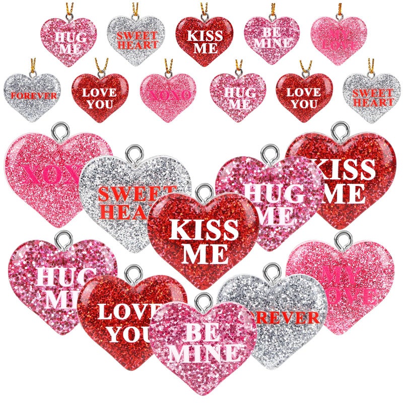 DTOFOOT 48PCS Mini Resin Conversation Hearts Ornaments Tiny Valentines Hanging Ornaments for Tree Red Pink Heart Miniatures Figurines Charms with String Resin for Party Decor - Image 1