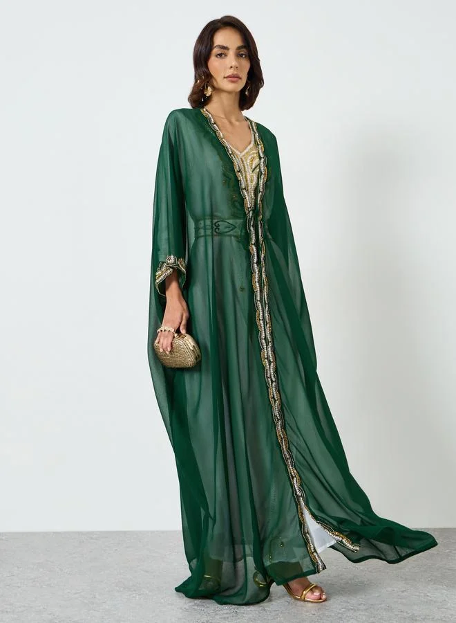 Green Beaded Hand Embroidery Kaftan with  Inner Maxi Dress