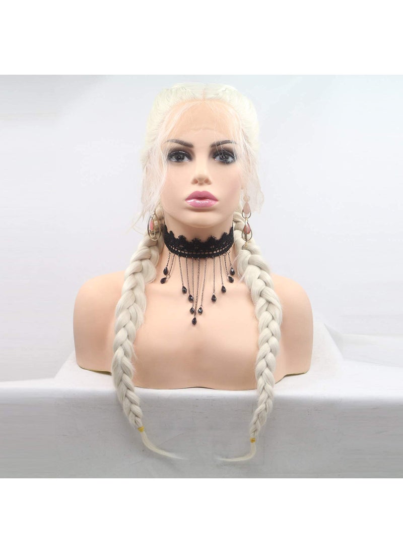 Xiweiya xiweiya Braided Wig Blonde White Double Braids Synthetic Lace Front Wig with Baby Hair Platinum white Heat Resistant Fiber Middle Part for Women Cosplay Makeup 24 Inches 