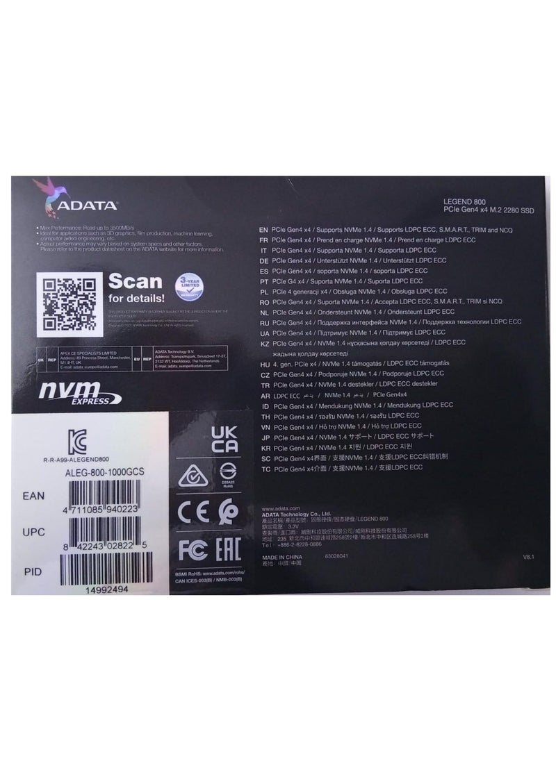 ADATA - ADATA 1TB SSD Legend 800, NVMe PCIe Gen4 x 4 M.2 2280 Internal Solid State Drive, Speed up to 3,500MB/s, Storage for PC and Laptops, High Endurance with 3D NAND - Image 1