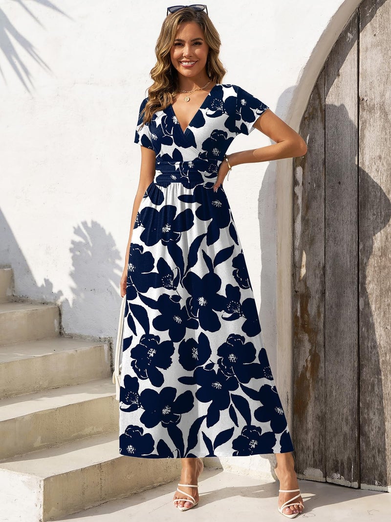 Gracyoga Wrap Dresses for Women Elegant Evening Modest 2025 Trendy Long Plus Size V Neck Dress Outfit for Dinner White Blue Floral 2XL - Image 5