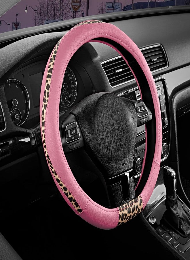 Road Comforts D-Type Steering Wheel Cover - Made with PVC Leather and Leopard Fabric - Universal Fit for 15-Inch D-Shaped Automotive Steering Wheels (Pink Color) - Image 1