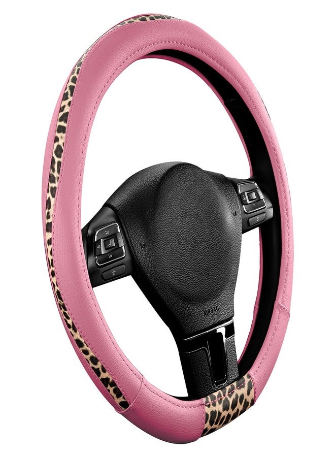 Road Comforts D-Type Steering Wheel Cover - Made with PVC Leather and Leopard Fabric - Universal Fit for 15-Inch D-Shaped Automotive Steering Wheels (Pink Color) - Image 2