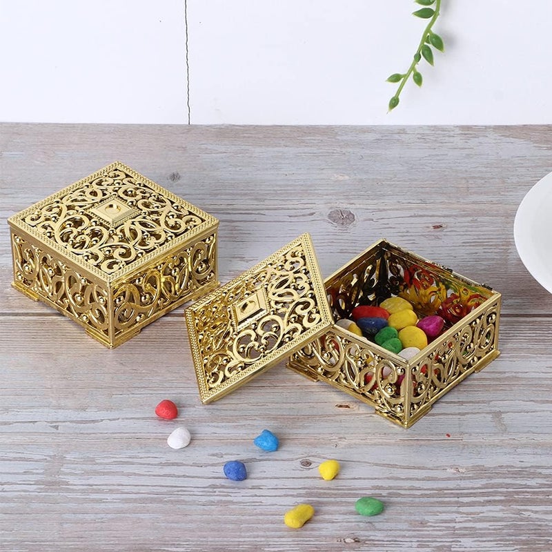comfrt 12Pcs Wedding Candy Box European Style Hollow Square PS Plastic Electroplating Dessert Biscuits Chocolate Case with Lid Home Jewelry Key Organizer(Gold) - Image 5