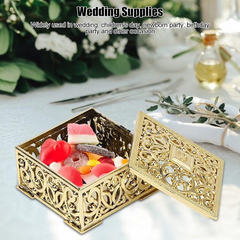 comfrt 12Pcs Wedding Candy Box European Style Hollow Square PS Plastic Electroplating Dessert Biscuits Chocolate Case with Lid Home Jewelry Key Organizer(Gold) - Image 3