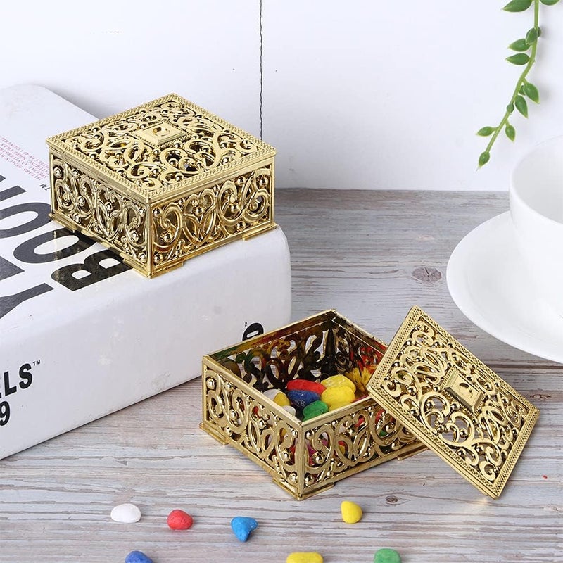comfrt 12Pcs Wedding Candy Box European Style Hollow Square PS Plastic Electroplating Dessert Biscuits Chocolate Case with Lid Home Jewelry Key Organizer(Gold) - Image 4