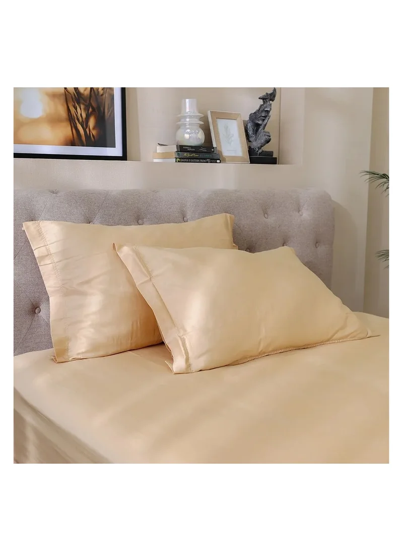 DANUBE HOME Solace 3 Piece Queen Fitted Sheet Set 100% Cotton Sateen Thread Count 300 Breathable Bedding Sheet And Pillow Cases Soft Microfiber Bed Sheet L150 X W200+30 Cm Beige