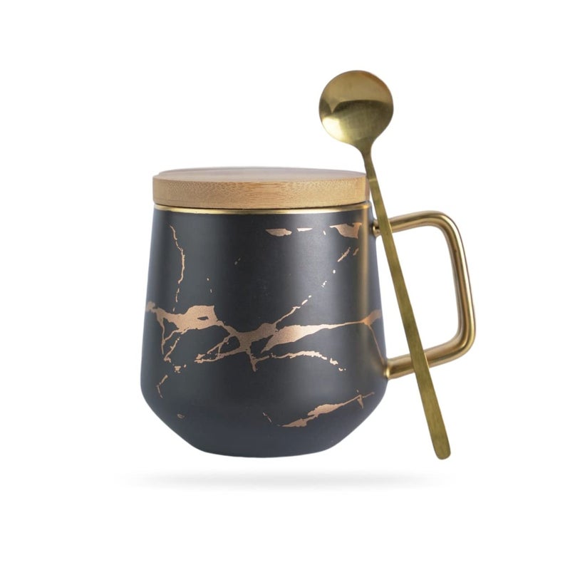 Classic Ceramic Kintsugi Style Black Coffee Tea Mug with Gold Inlay Spoon and Bamboo Lid 12 OZ Large Mugs for Men and Women Unique Design Perfect Novelty Gift Dishwasher Safe