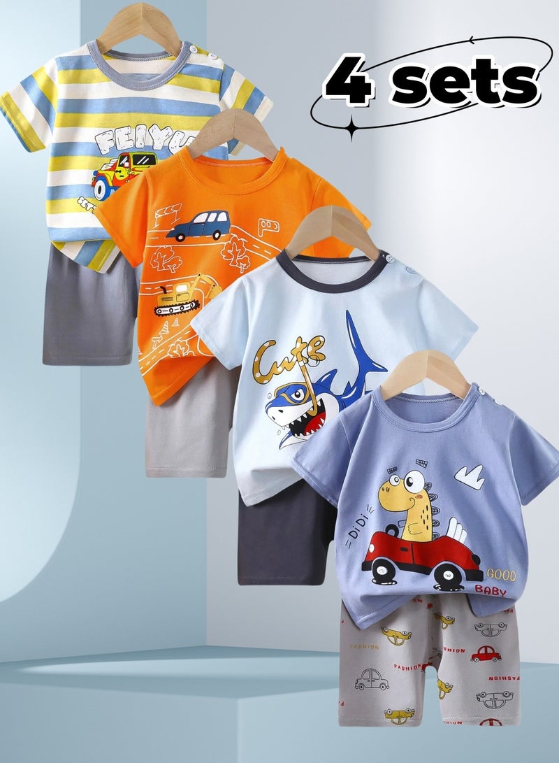 4 boys' short-sleeved and shorts sets, 4 shark dinosaur car print sets - Image 1