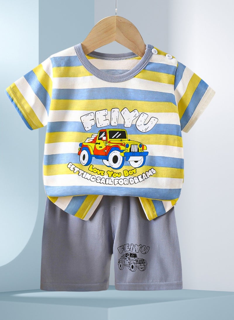 4 boys' short-sleeved and shorts sets, 4 shark dinosaur car print sets - Image 2