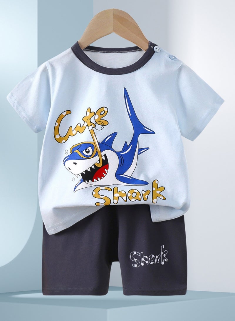 4 boys' short-sleeved and shorts sets, 4 shark dinosaur car print sets - Image 4