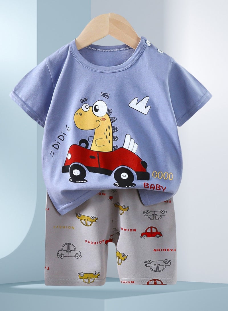 4 boys' short-sleeved and shorts sets, 4 shark dinosaur car print sets - Image 5