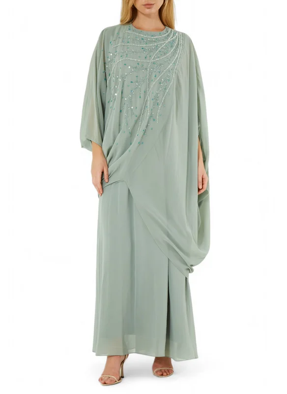 Amri Beautiful Chiffon Draped Dress with Embroidery Details And Long Sleeves