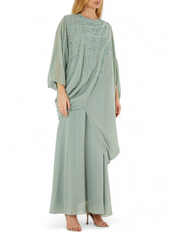 Amri Beautiful Chiffon Draped Dress with Embroidery Details And Long Sleeves
