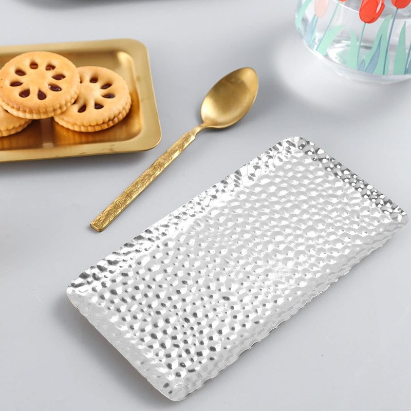 OUKA Decorative Tray, Bathroom Counter Organizer, Vanity Tray, Kitchen Counter Storage, Hammered Platter, 3.7 x 7.7in(Silver) - Image 3